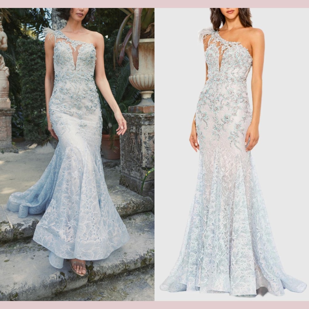 Mac Duggal One-Shoulder Beaded Lace Gown in Pale Blue and Silver